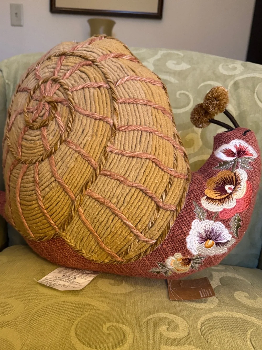 Embroidered Pink & Natural Snail Throw Pillow